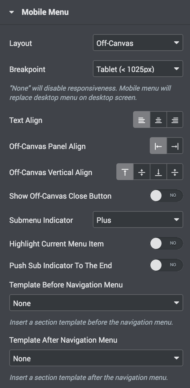 elementor mega menu mobile menu content section